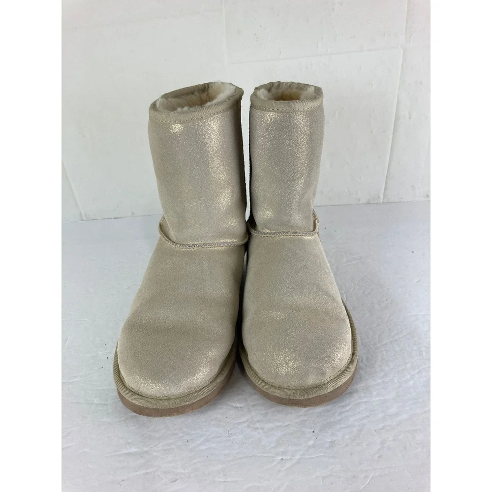 UGG Classic Short Sparkle Boots Women 6 Gold Metallic Shearling Lined Designer